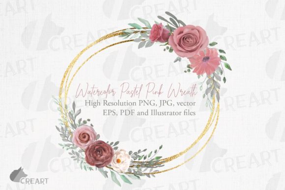 Pastel Pink Glitter Gold Flower Wreath Graphics Review